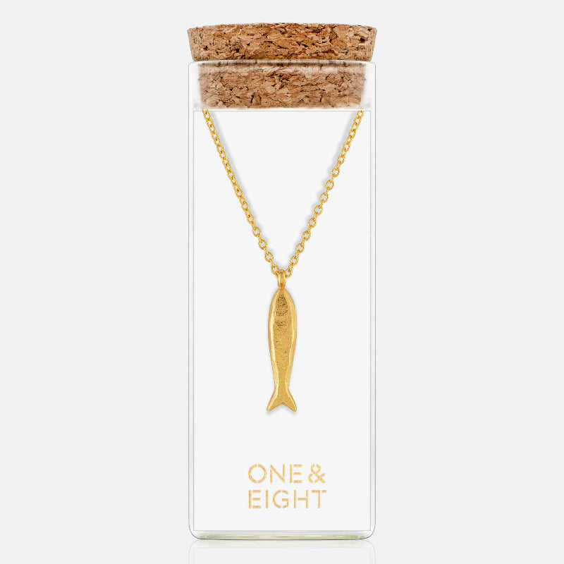 1 & 8 Gold Minnow Necklace in cork bottle