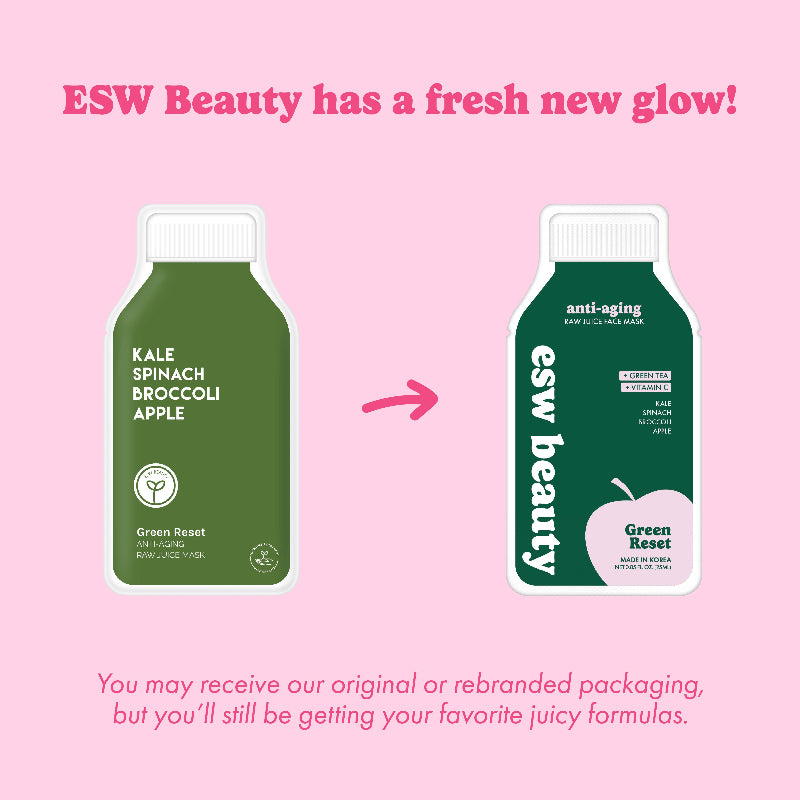 Comparison of ESW Beauty product packaging with text on a pink background