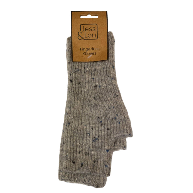 A pair of gray fingerless knit gloves with small dark speckles, hanging from a brown paper header card that reads 'Jess & Lou Fingerless Gloves' on a plain white background.