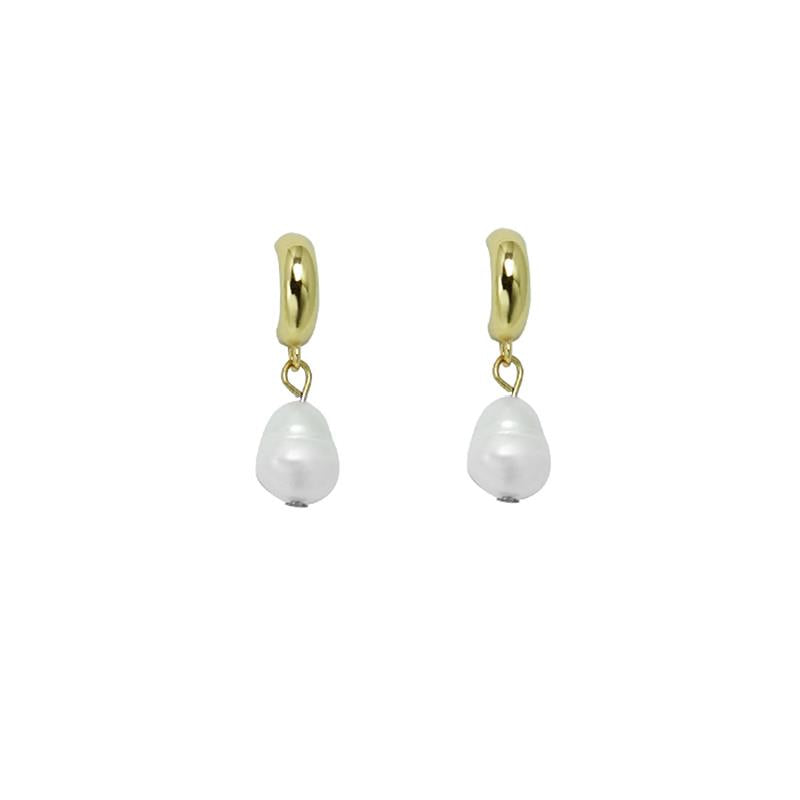 Gold hoop earrings with white pearl drops on a white background
