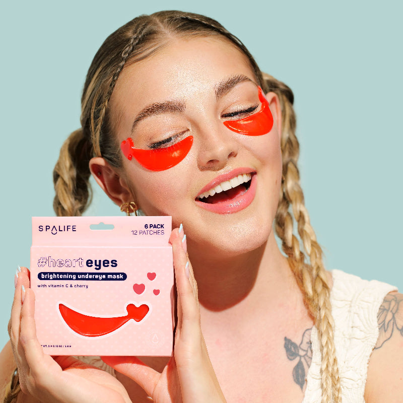 Woman wearing red eye masks with a Spalife product packaging on a light blue background