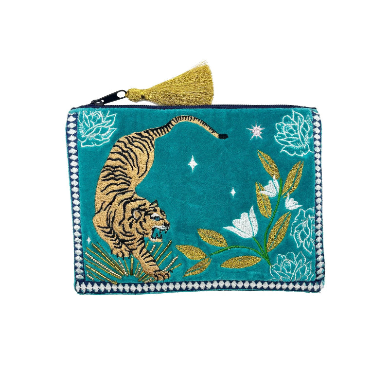 Teal pouch with a tiger design on a white background