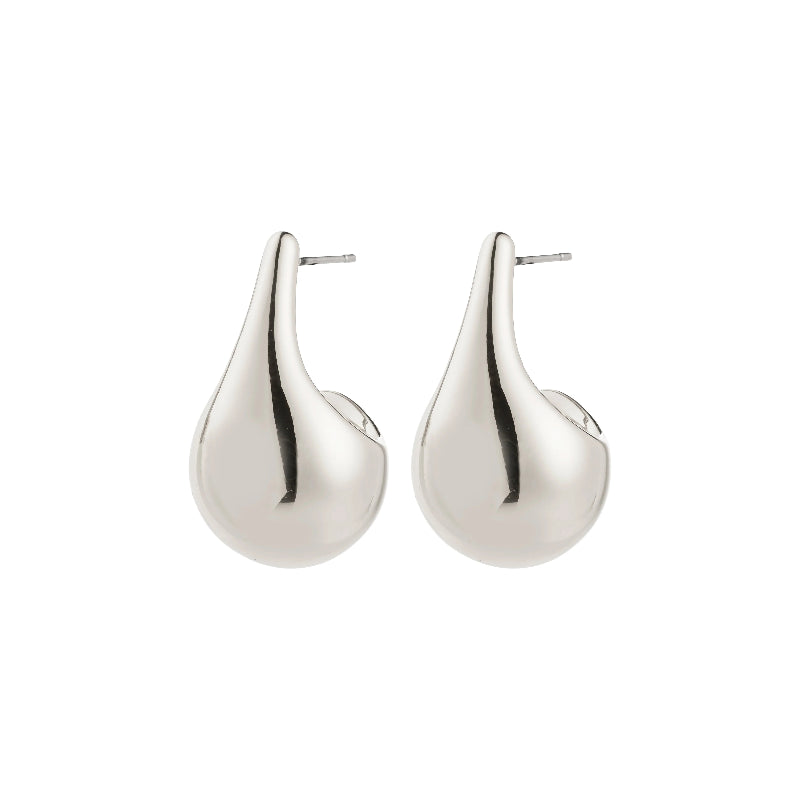 Pair of silver hoop earrings on a white background
