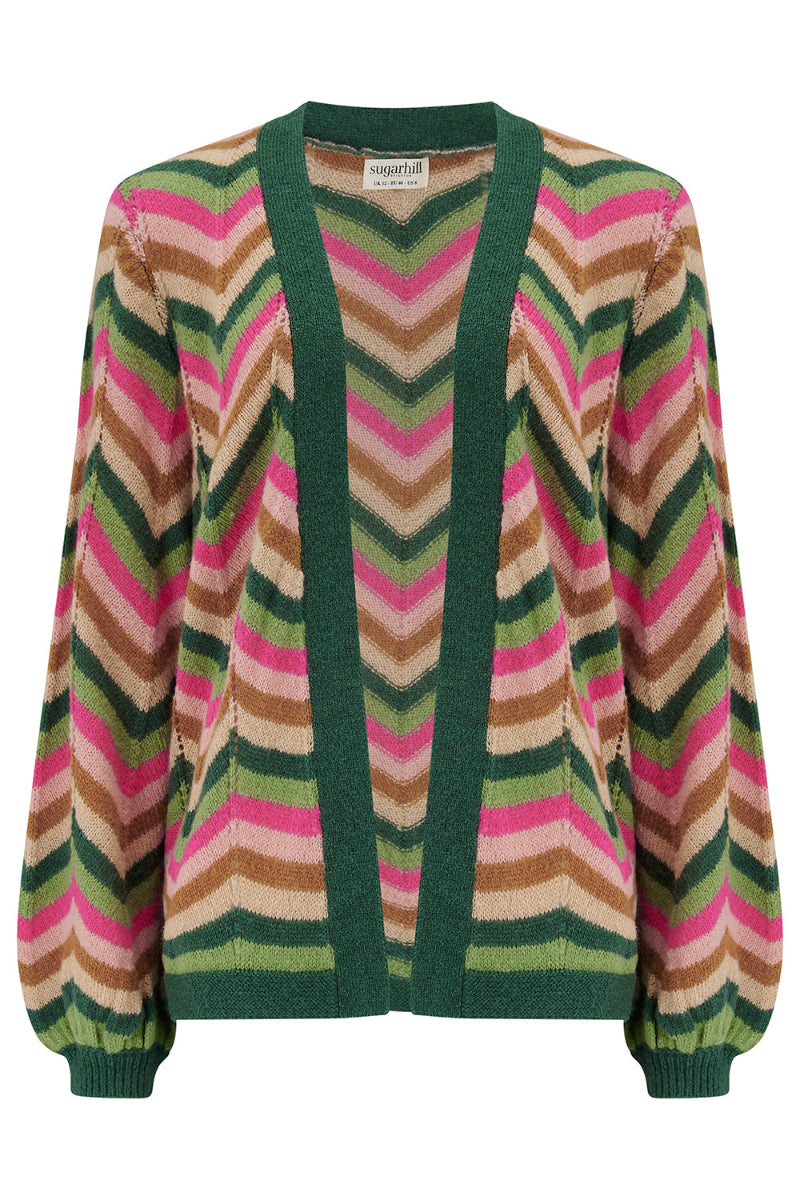 Sugarhill Bella Cardigan Colorful striped sweater with a green border on a white background