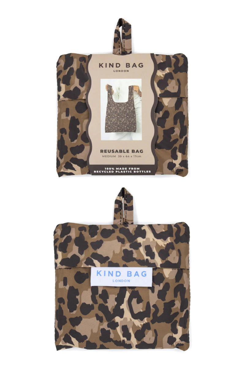ind Bag Reusable Shopper - Leopard reusable bag with 'Kind Bag' label on a white background