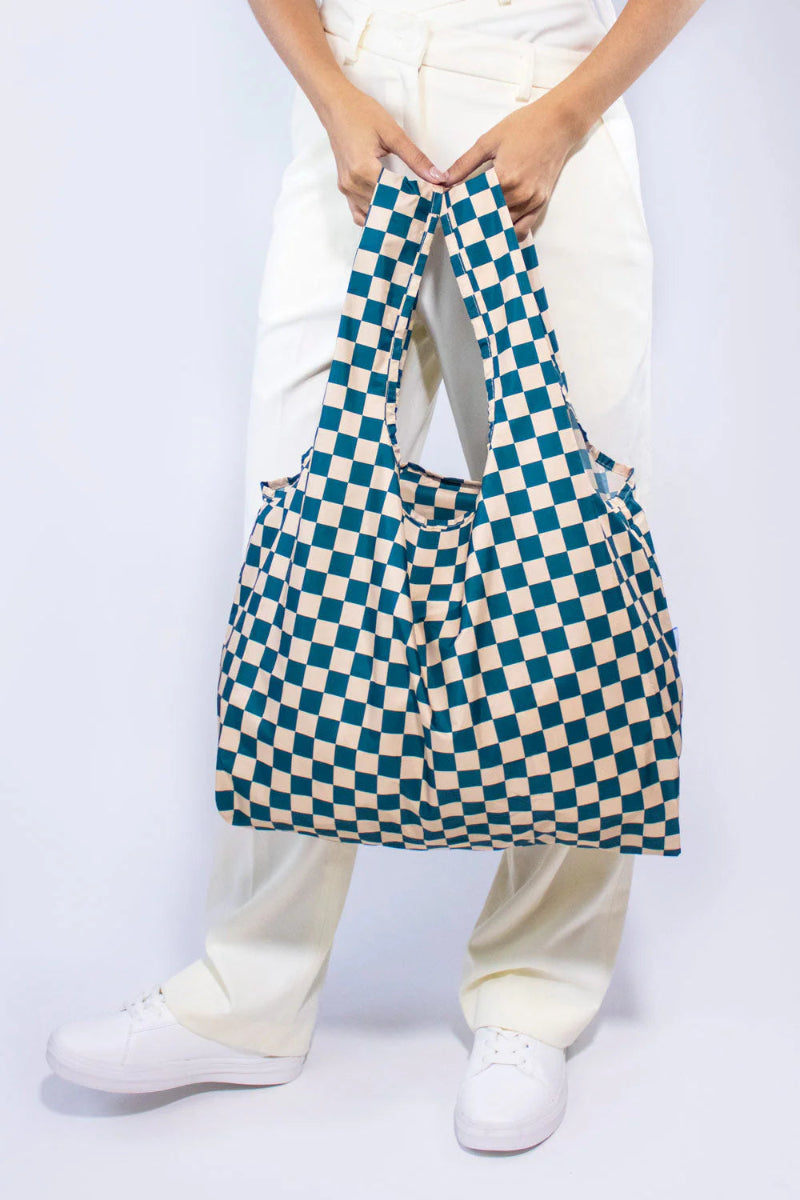 Kind Bag Reusable Shopper Checkerboard Teal and Beige 2