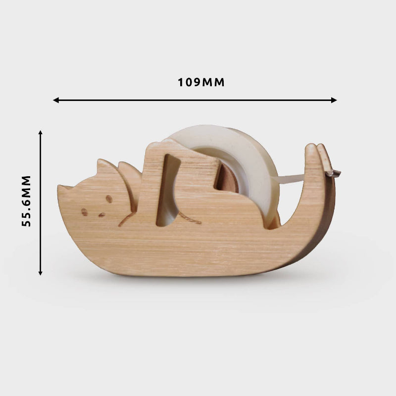 Wooden cat-shaped tape dispenser with a roll of tape, showing dimensions on a white background