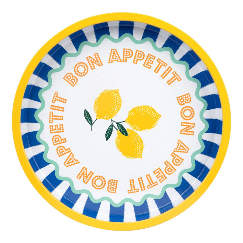 Round plate with 'Bon Appetit' text and lemon design on a white background