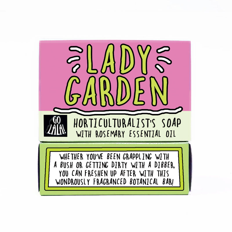 Box of Lady Garden horticulturalists soap with pink and green design on a white background