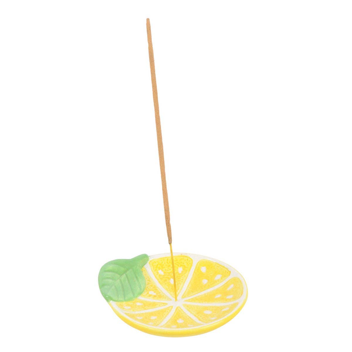 Lemon-shaped incense holder with a single incense stick on a white background
