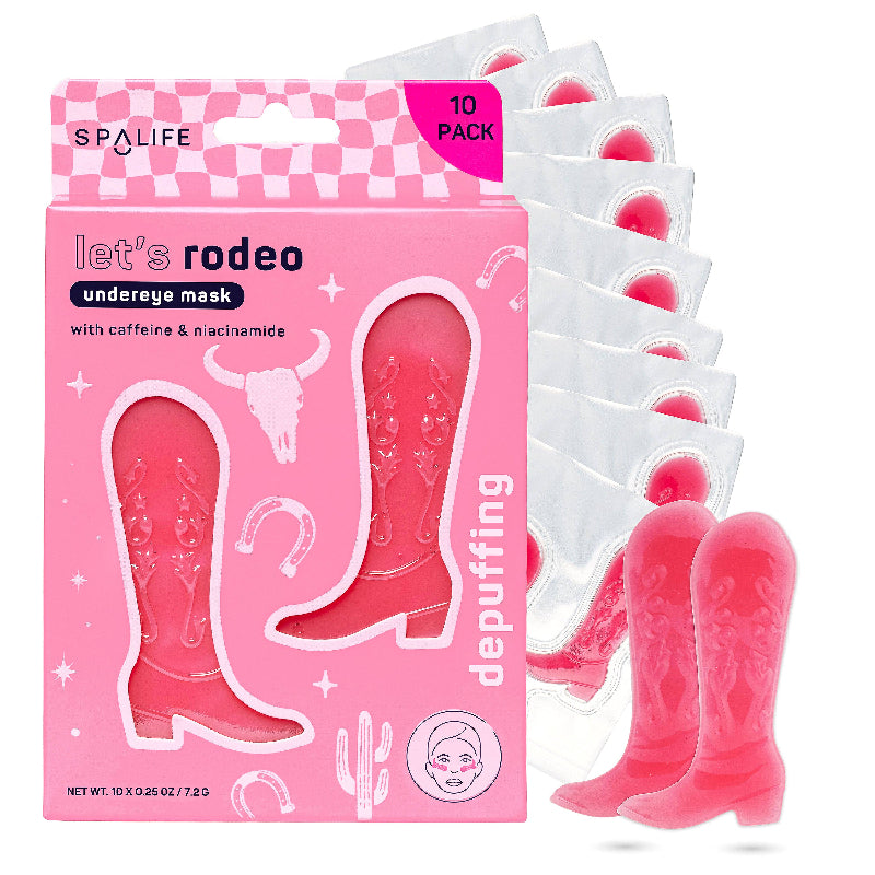 Pink undereye mask packaging with cowboy boot design and 'Spa Life' branding.
