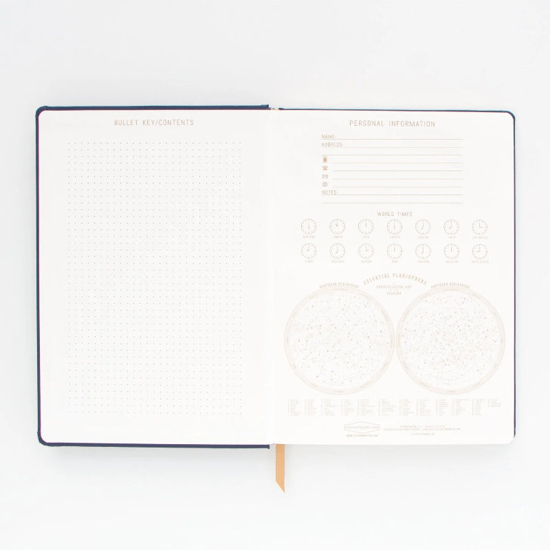 White notebook with gold text on a white background