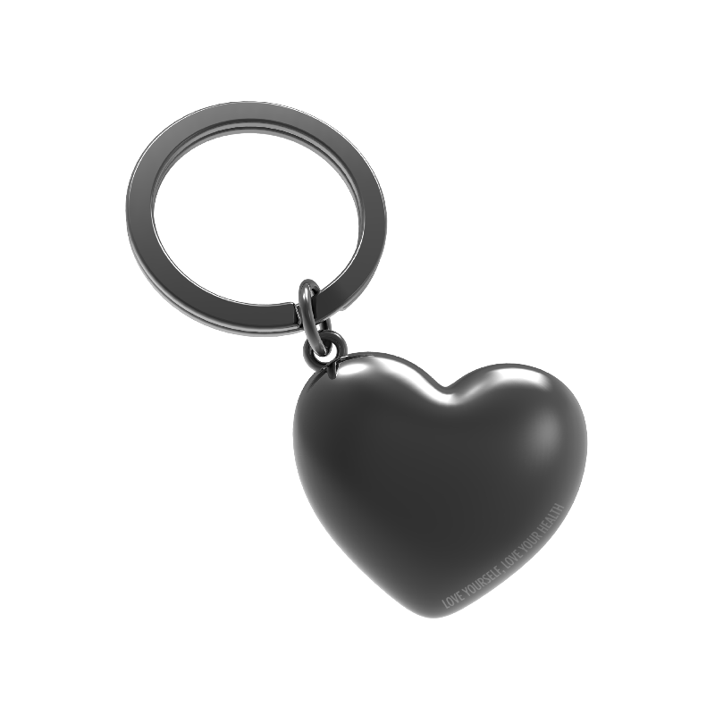 Black heart-shaped keychain on a white background