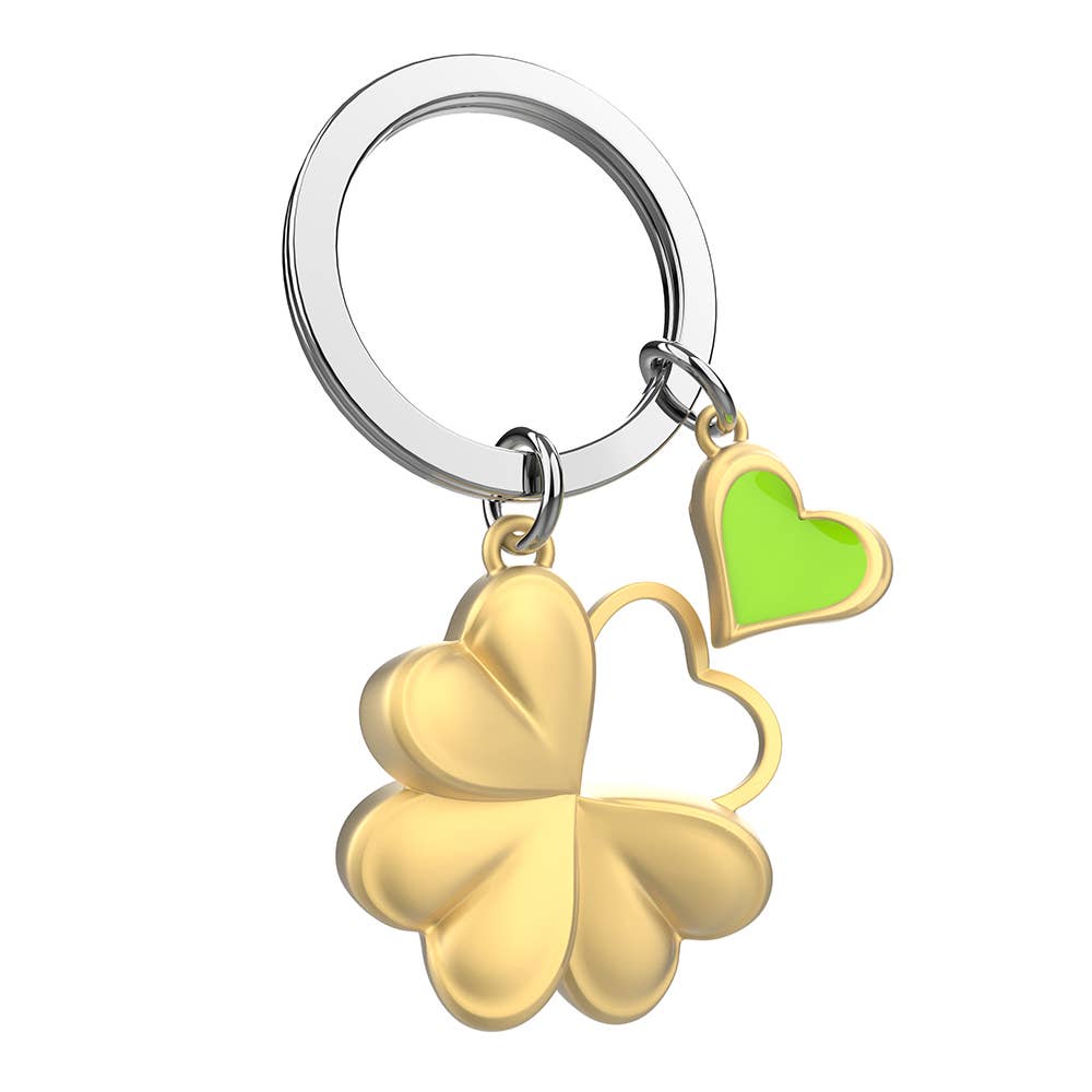 Metalmorphose Lucky Clover Keyring with a green heart charm on a white background