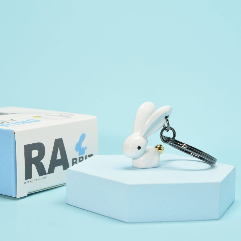 White rabbit-shaped keychain on a blue stand with a box labeled 'RA4' in the background.