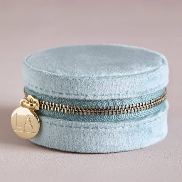 Mint Green Velvet Round Travel Jewellery Case closed
