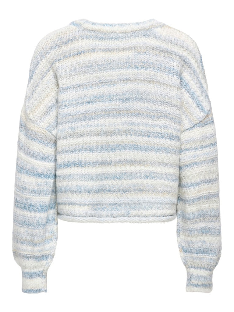 A cropped knit sweater with horizontal marled stripes in light blue and cream, shown from the back on a white background.