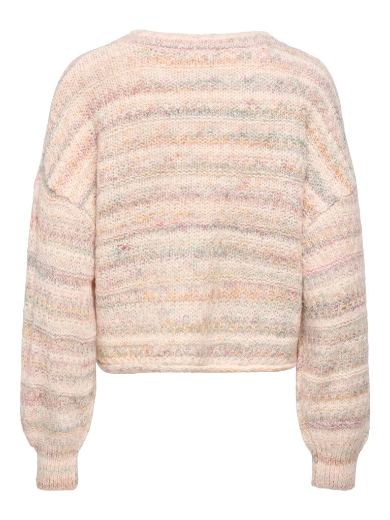 A cropped, long-sleeve knit sweater with horizontal marled stripes in soft pastel shades of pink, beige, and light blue, shown from the back on a white background.