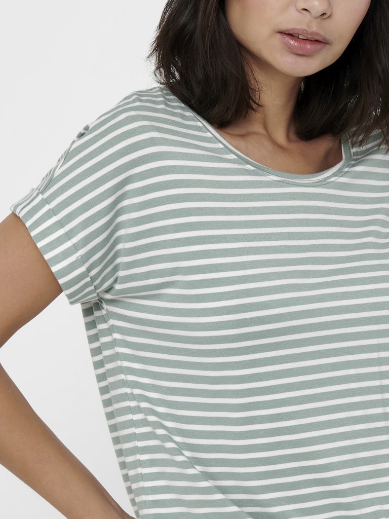 Person wearing a green and white striped t-shirt against a plain background