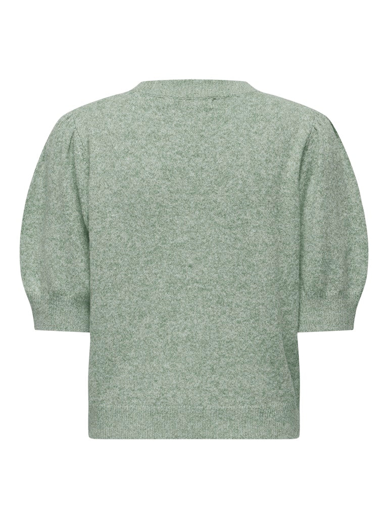 Green sweater with puff sleeves on a white background