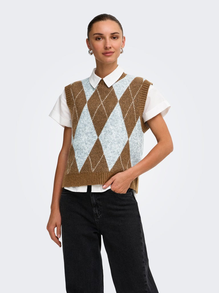 A model wearing a brown and light blue argyle knit sweater vest over a white short-sleeve collared shirt and black wide-leg jeans, photographed against a light gray studio background.