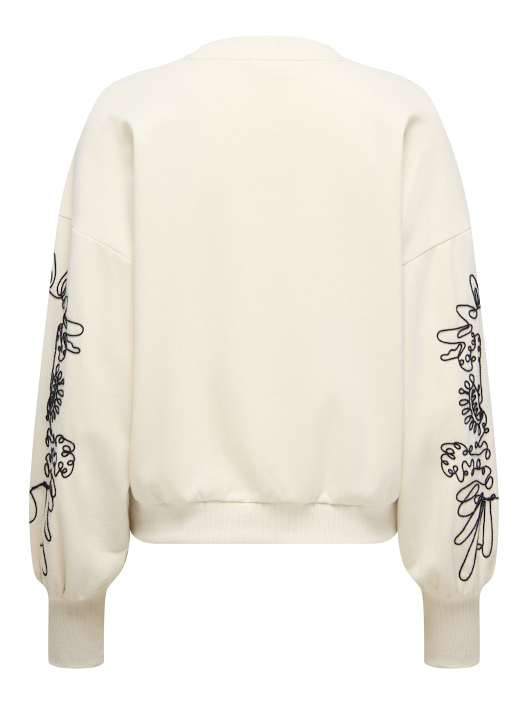 Only Brooke Embroidered Sleeve sweatshirt with black floral patterns on sleeves against a white background
