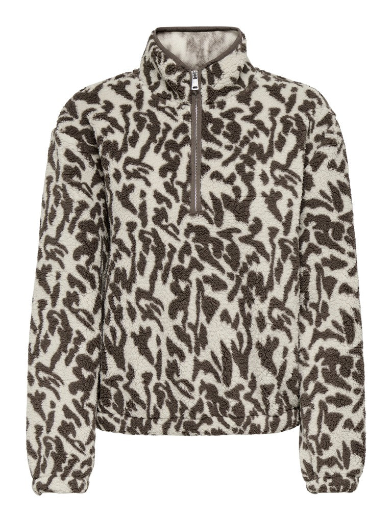 A women's quarter-zip fleece pullover jacket featuring an abstract organic animal print pattern in dark brown on a warm cream background.