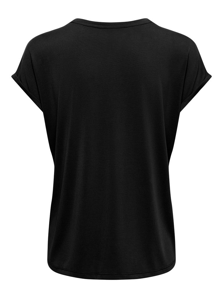 A black short-sleeve t-shirt with a relaxed, draped fit, shown from the back against a plain white background.