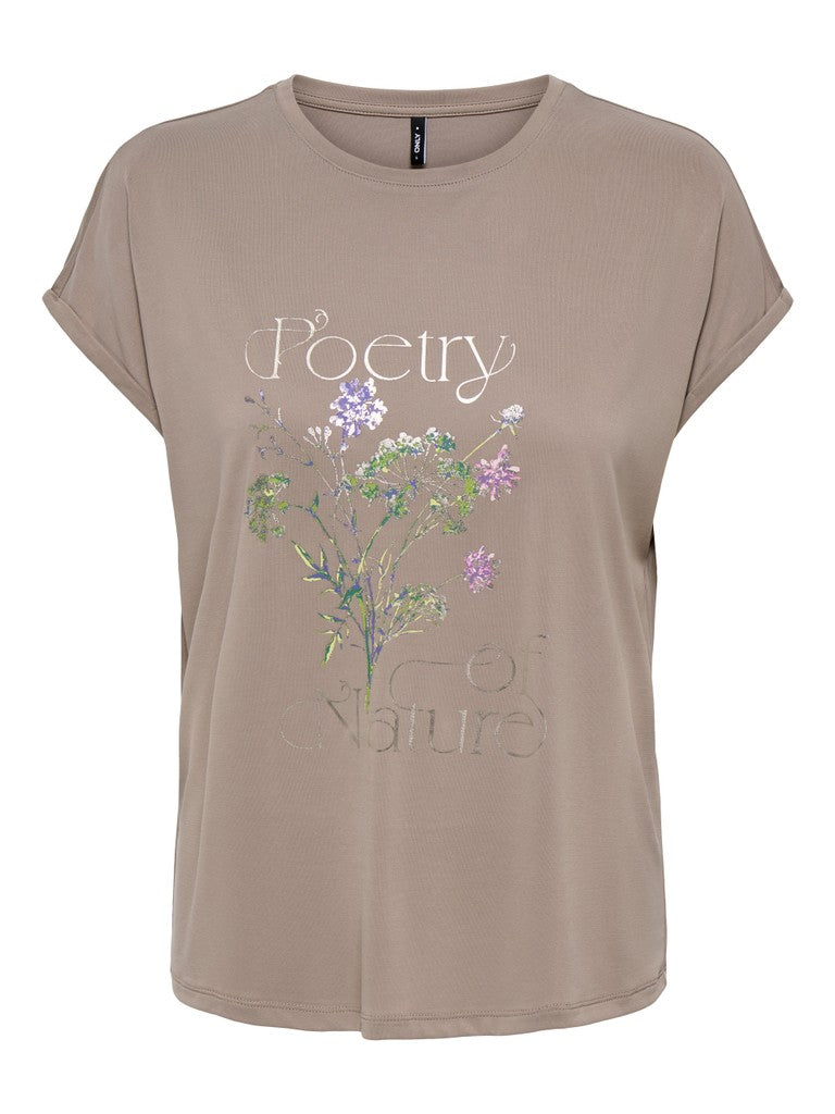 A taupe short-sleeve t-shirt with a 'Poetry of Nature' graphic featuring a watercolor floral design in purple, green, and blue tones, displayed on a clean white background.