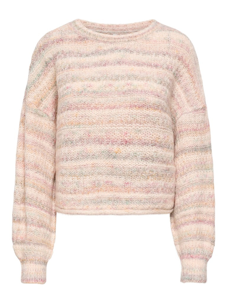 A long-sleeve knit sweater with horizontal marled stripes in soft pastel shades of pink, beige, and light gray, shown against a plain white background.