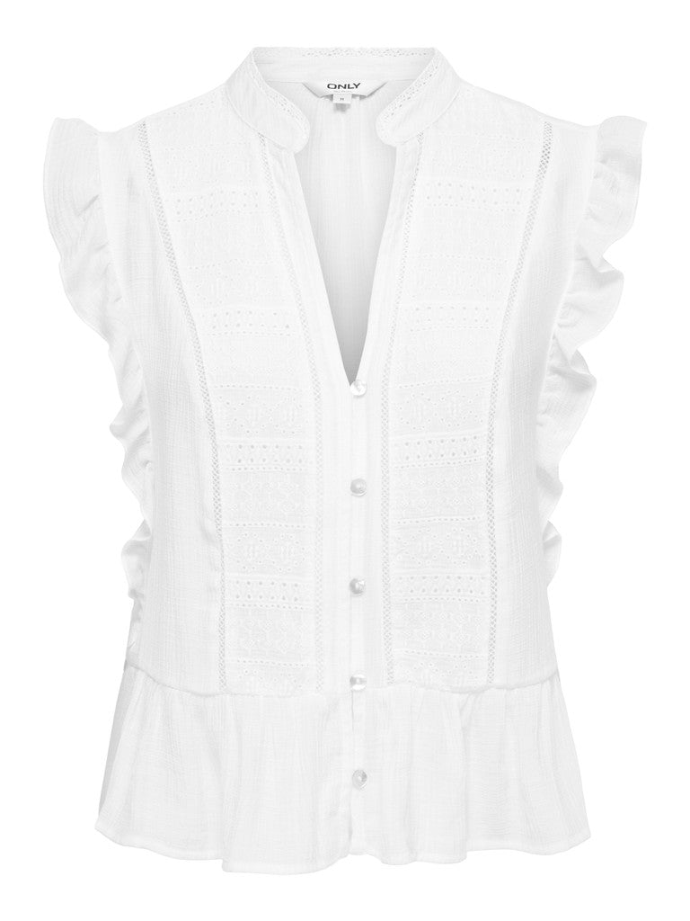 Only Henny Frill Blouse White sleeveless b with ruffled details on a white background