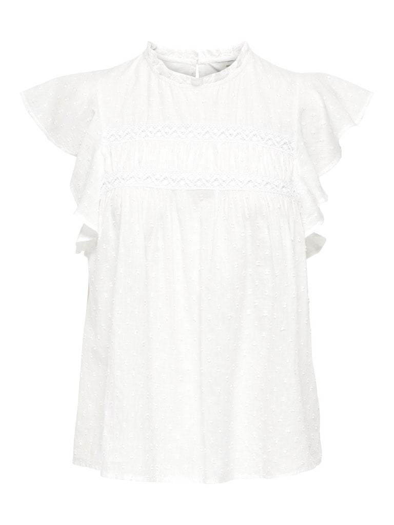 White blouse with ruffled sleeves on a white background. Only Katti Dobby Woven Top.