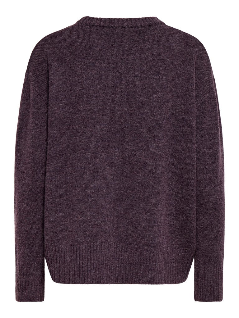 A dark plum purple knit sweater with a crew neck, long sleeves, and ribbed trim at the collar, cuffs, and hem, shown against a plain white background.
