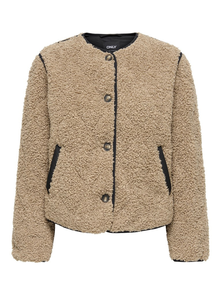A beige sherpa fleece cropped jacket with black trim and dark buttons, shown against a plain white background.