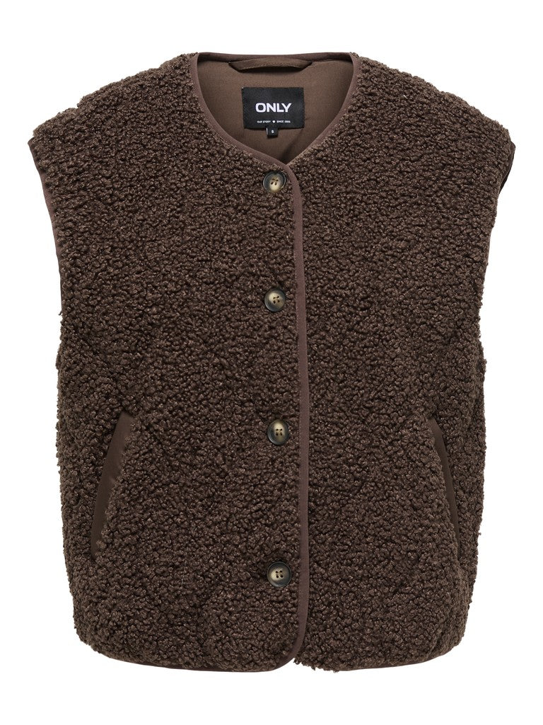 A brown sherpa fleece button-up vest with a round neckline, front button closure, and side pockets, shown on a plain white background.