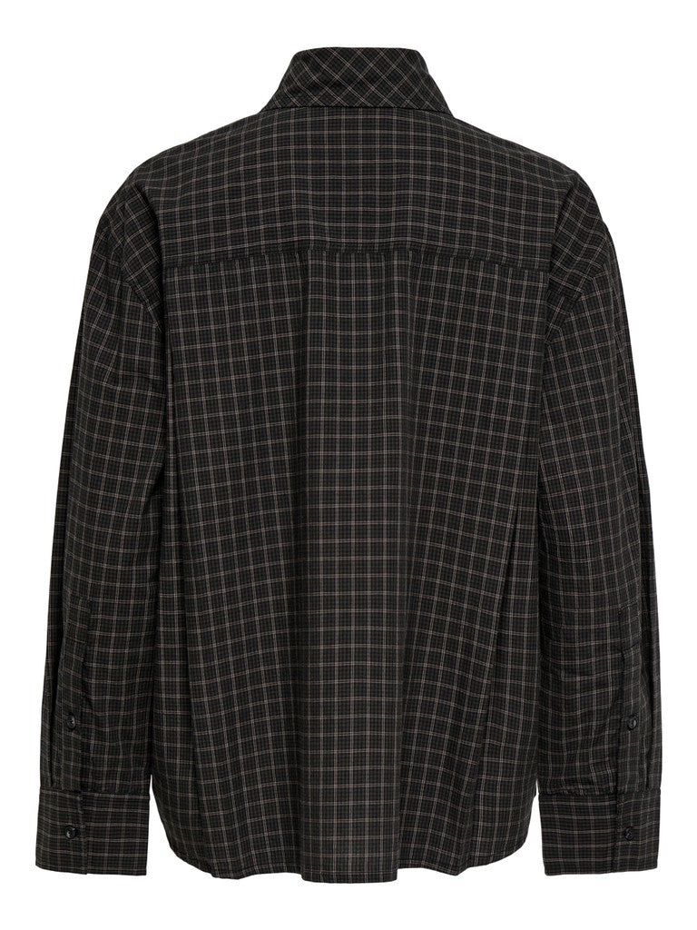 A Only Maya Check Bow Shirt-Black/Grey black long-sleeve button-up shirt with a subtle white windowpane plaid pattern, shown from the back on a white background.
