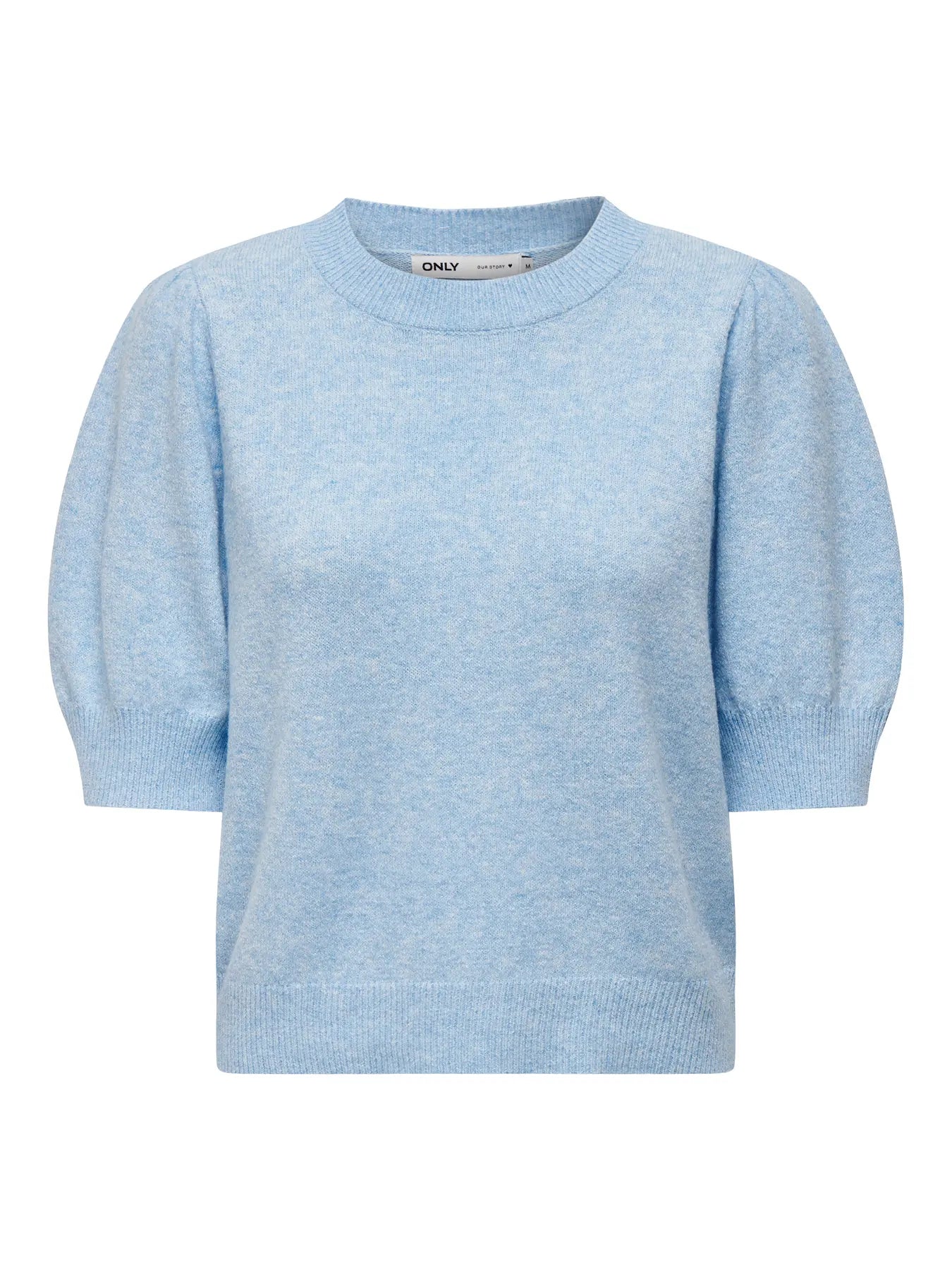 Light blue sweater with puff sleeves on a white background