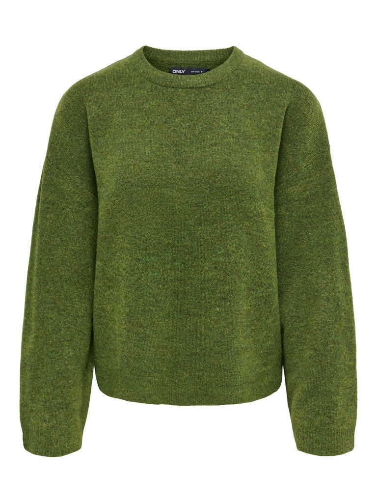 An olive green long-sleeve knit sweater with a crew neck, shown against a plain white background.