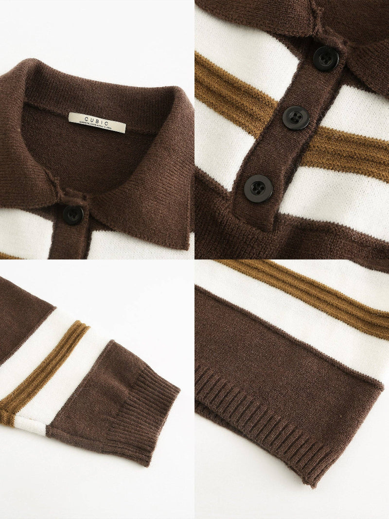 Collage of a brown and white striped sweater with close-up details on a white background.