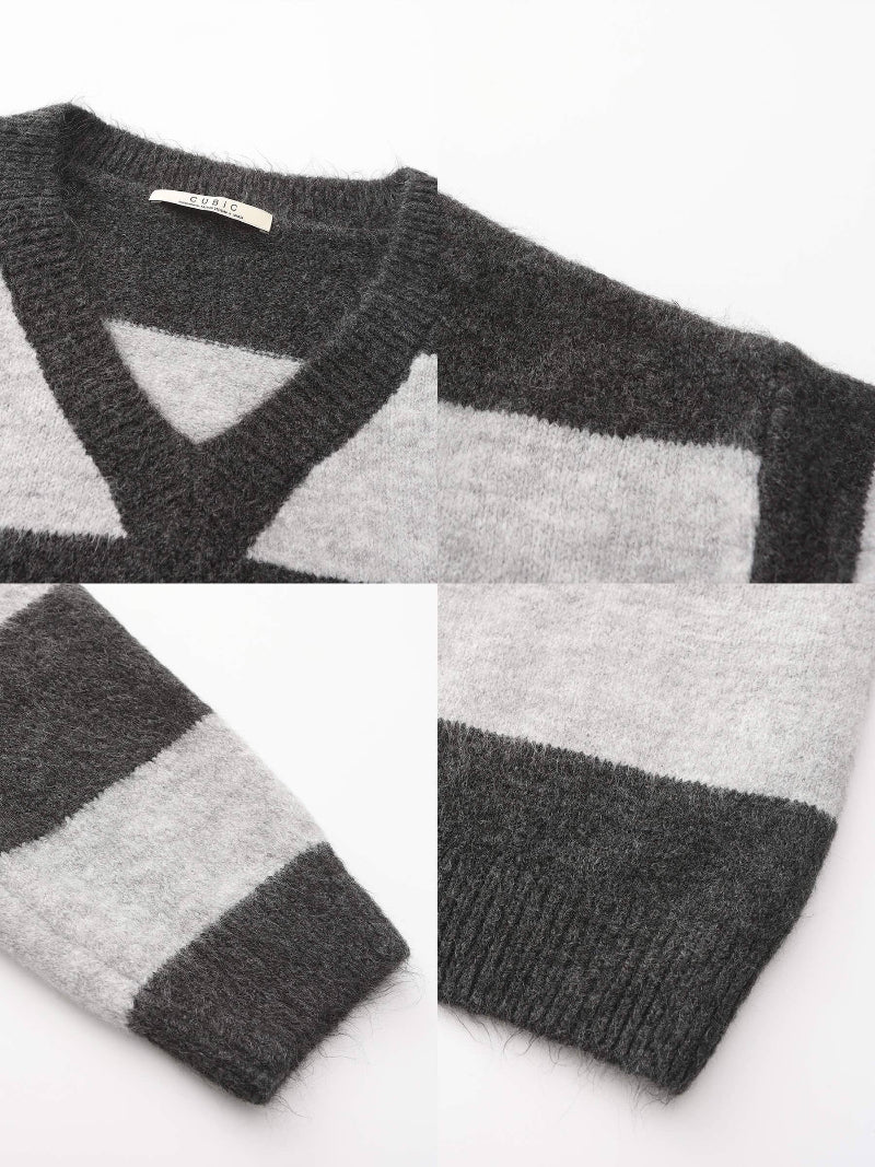 Gray and black striped sweater with a close-up of the fabric texture on a white background