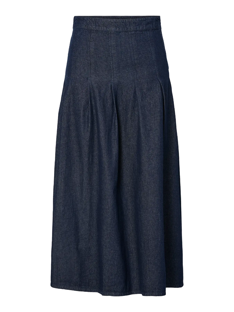 Dark blue denim skirt on a white background