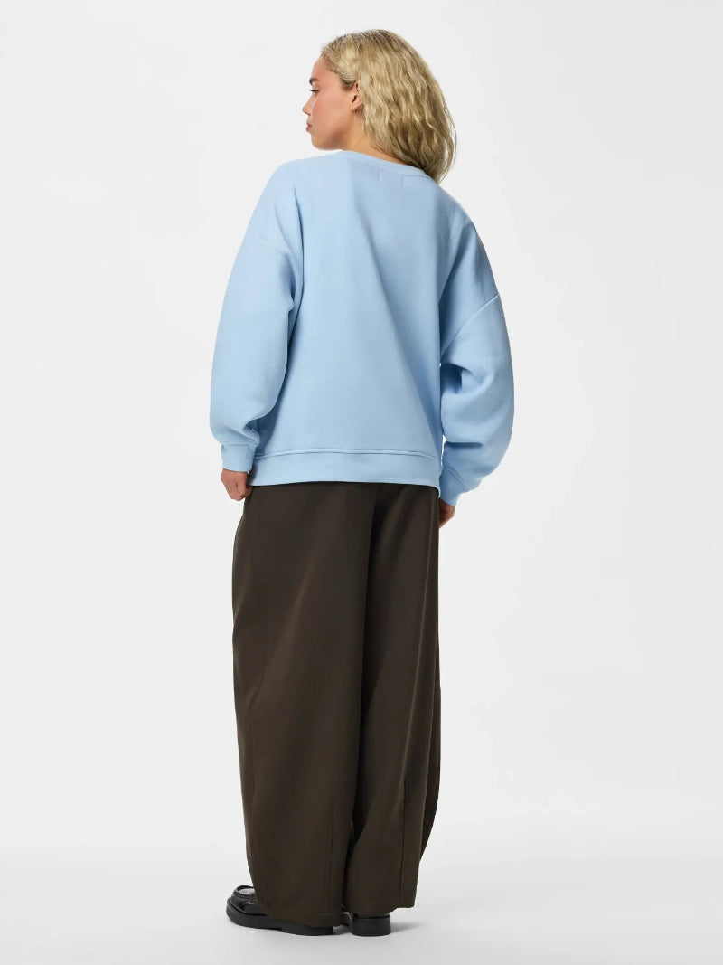 A model shown from the back wearing a V light blue crewneck sweatshirt and dark brown wide-leg trousers, photographed against a clean white studio background.