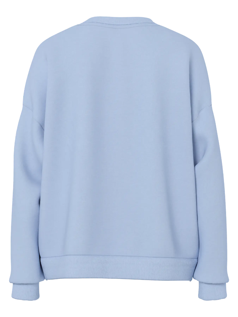 A light blue crewneck sweatshirt shown from the back, featuring a relaxed fit with ribbed cuffs and hem, photographed against a solid white background.
