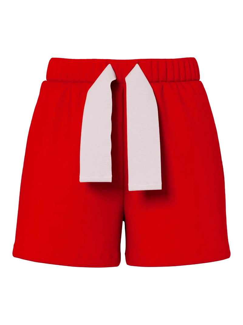Red shorts with white drawstrings on a white background