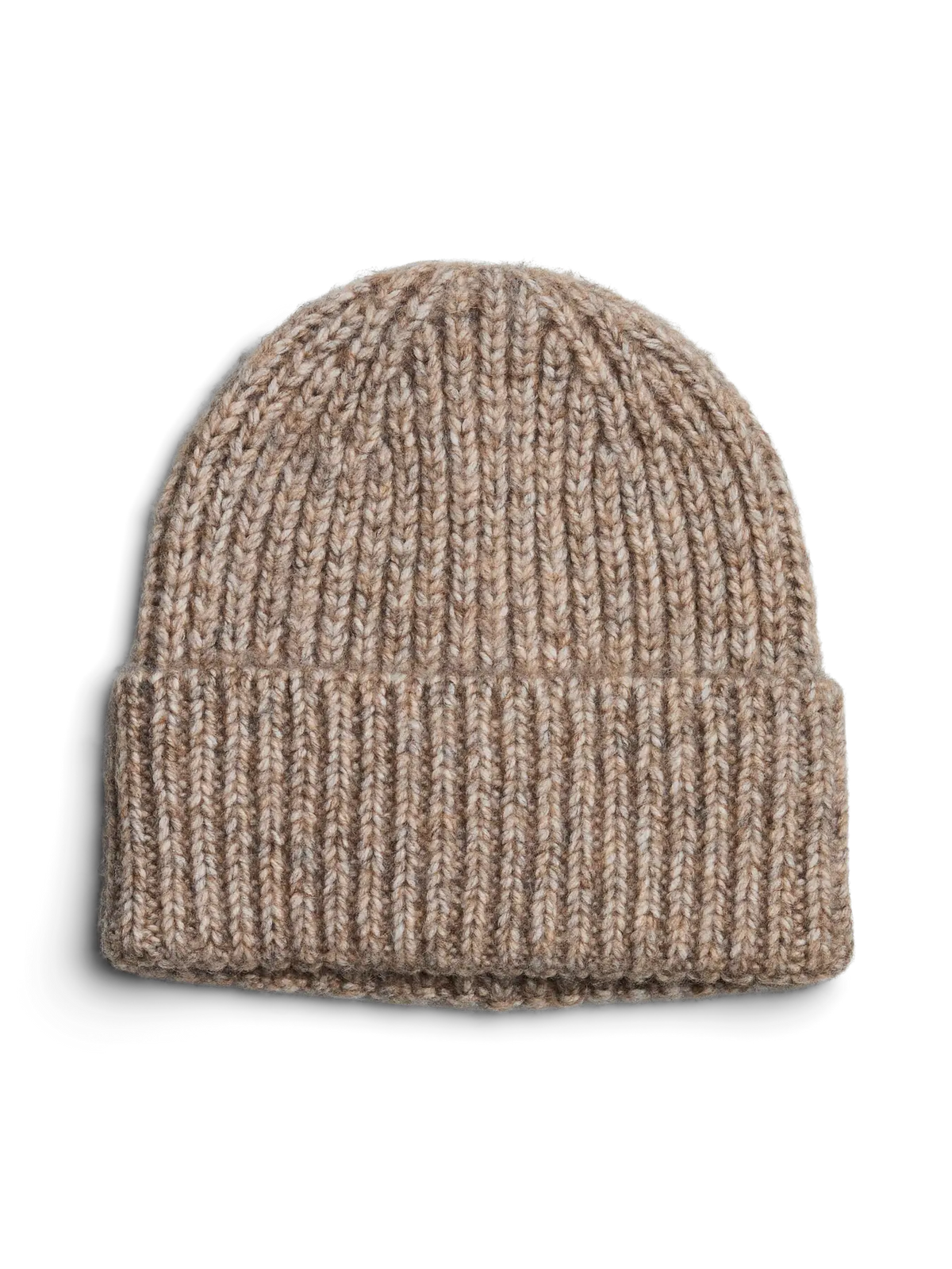 Beige knit beanie on a white background