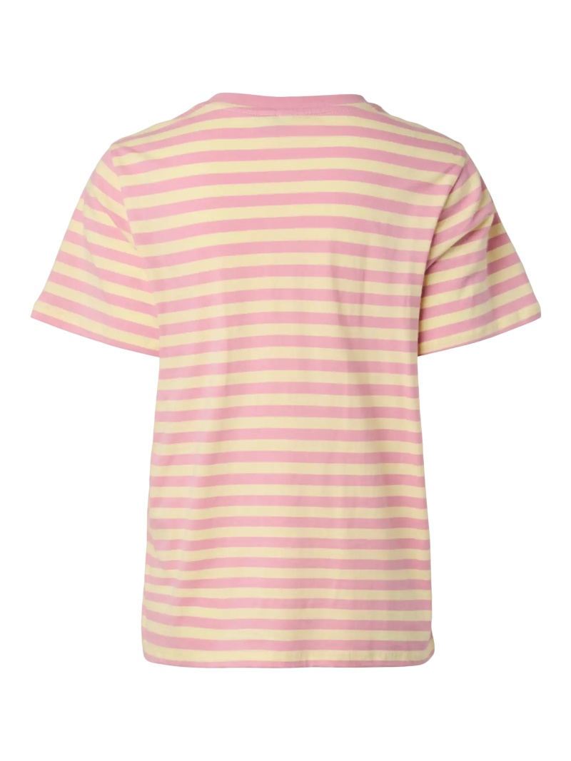 Pieces Ria t-shirt Pink and yellow striped t-shirt on a white background