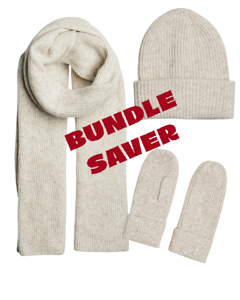 Set of beige knit hat, scarf, and mittens with 'BUNDLE SAVER' text on a white background
