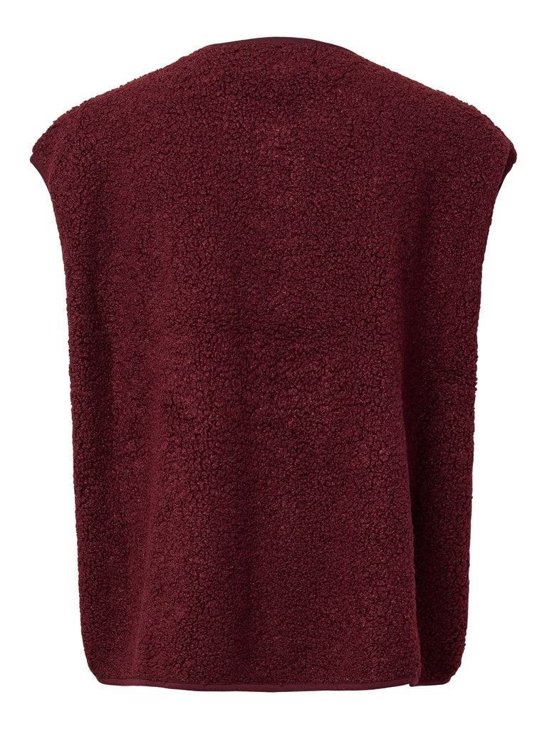 A sleeveless burgundy fleece vest with a soft, textured bouclé-like fabric, shown from the back against a plain white background.