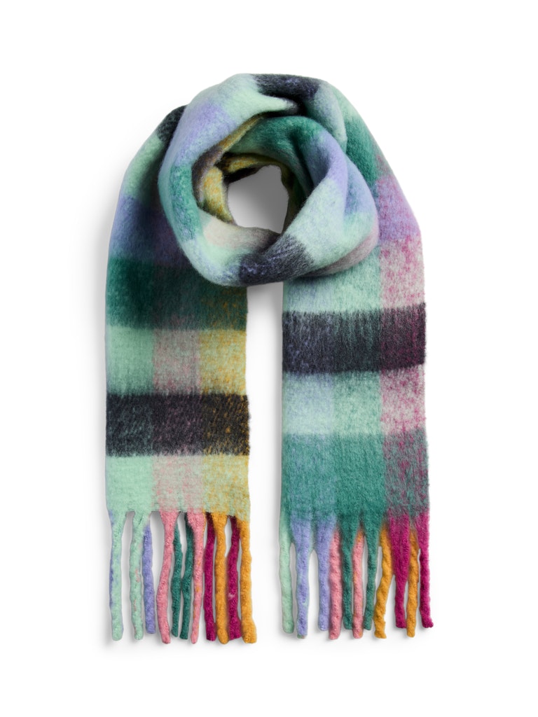 Multicolored checkered scarf with fringes on a white background