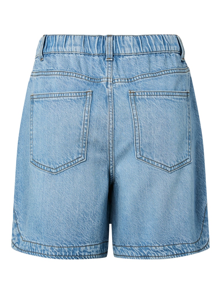 Light blue denim shorts on a white background
